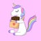 Cute vector illustration of unicorn. Light pink background.