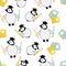 Cute vector Kawaii penguin chicks with scholar hats,pencils, notebooks on white backdrop. Scattered cartoon emperor baby