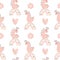 Cute vector kids Princess girl seamless pattern with hand drawn dino, flower and rainbow. Creative childish illustration