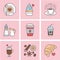 Cute vector line icons of coffee. Elements espresso cup, milk, sugar, croissant, hot drinks, cupcake, latte, cinnamon