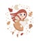 Cute vector magic illustration with tooth fairy character, autumn leaves, berries, branches, plants, bubble, wings