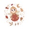 Cute vector magic illustration with tooth fairy character, autumn leaves, berries, branches, plants, bubble, wings