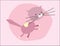 Cute vector pink cat, with long whiskers, jumping, on a bright pink background