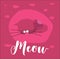 Cute vector pink cat, with long whiskers, sleeping, on a bright pink background