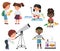 Cute vector Pupils activity in school set. Little school kids set.