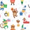 Cute vector seamless pattern with animals in hats, scarves and sweaters with presents and snowflakes. Winter funny background.