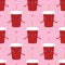 Cute vector seamless pattern background with soft drinks, red soda cups with straw characters and hearts