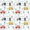 Cute vector seamless pattern with childrens drawing - street traffic with cars, road, trees.