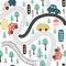 cute vector seamless pattern with childrens drawing - street traffic with cars, road, trees.