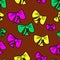 Cute vector seamless pattern with colored cartoon bows on brown background, fabric blank, packing pattern, design