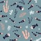 Cute vector seamless pattern with fish, algae and corals. Underwater seamless background.