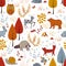 Cute vector seamless pattern with forest plants, birds, bear, deer, raccoon, and fox.