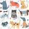 cute vector seamless pattern with hand drawn difference cats and dogs