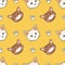 Cute vector seamless pattern with hand drawn difference cats, paws on yellow background.