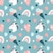 Cute vector seamless pattern with hand drawn unicorns, rainbow, ice-creams and hearts on a blue background