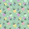 Cute vector seamless pattern with houseplants, cactuses in pots and hearts on green background