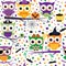 Cute vector seamless pattern with kawaii Halloween owls in orange, purple and green