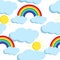 Cute vector seamless pattern with rainbows and clouds icons.