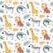 Cute vector seamless pattern with safari animals, alligator, zebra, lion, giraffe and tropical plants.