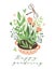 Cute vector seasonal greeting card - Growing flowers in the flower bed with text `Happy gardening`.