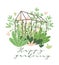 Cute vector seasonal greeting card - Growing flowers and plants in the greenhouse with text `Happy gardening`.