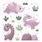 Cute Vector Set with Dinosaur Girls with plants, trees, bushes, stones in trendy colors