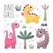 Cute Vector Set with Dinosaur Girls with plants, trees, bushes, stones in trendy colors