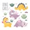 Cute Vector Set with Dinosaur Girls with plants, trees, bushes, stones in trendy colors