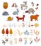 Cute vector set with doodle forest plants and animals.