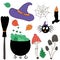 Cute vector set illustrations Halloween. Witch attributes: potion pot, hat, broom, candle stub, spider with cobwebs