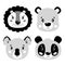 Cute vector set lion, panda, bear, koala face. One object on a white background. Cartoon illustration