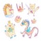 Cute vector set of magical fairytale animals - cat, cragon, unicorn, rabbit. Pink cartoon animal collection for little