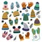 Cute vector set of winter clothing clip art, hats, mittens and gloves. Freehand drawn doodle elements.