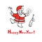 Cute vector sketch illustration of funny Santa Claus dancing celebrate new year. Drinks champagne and lights sparklers