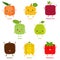 Cute vector of square shaped smiling fruit, vegetable with happy face - Peach Quince Passion fruit Pear Guava Coconut Banana