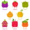 Cute vector of square shaped smiling fruit, vegetable with happy face - Star Fruit Raspberry Durian Dragon Fruit Persimmon