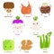 Cute vector of square shaped smiling fruit, vegetable with happy face - Turnip Shallot Daikon Taro Mushroom Cabbage Celery Ginger.