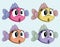 Cute vector surprised fish female cartoon character. Funny shocked little fish. Four colors