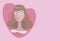 Cute vector vintage pretty painted lady with brown hair smiles on a pink beautiful background with a heart shape