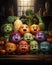Cute vegetable characters family in fantasy rustic kitchen. Generative AI.