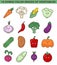 Cute vegetables stickers or icons set. Kawaii ingredients with smiley emojis