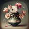 Cute Victorian Mouse elegantly dressed in a vase with roses - Generated Artificial Intelligence - AI