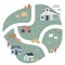 Cute village map with houses and animals. Hand drawn vector illustration of a farm. Town map creator