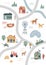 Cute village map with houses and animals. Hand drawn vector illustration of a farm. Town map creator