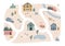 Cute village map with houses and animals. Hand drawn vector illustration of a farm. Town map creator