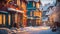 Cute village street, houses, winter, snow