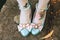 Cute vintage blue shoes with pink bows. Retro sweet candy shoes