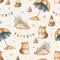Cute vintage hamsters on vacation seamless pattern, watercolor whimsical texture