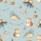 Cute vintage hamsters on vacation seamless pattern, watercolor whimsical texture on blue