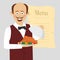 Cute waiter with tray serving roasted poultry stands over blank menu